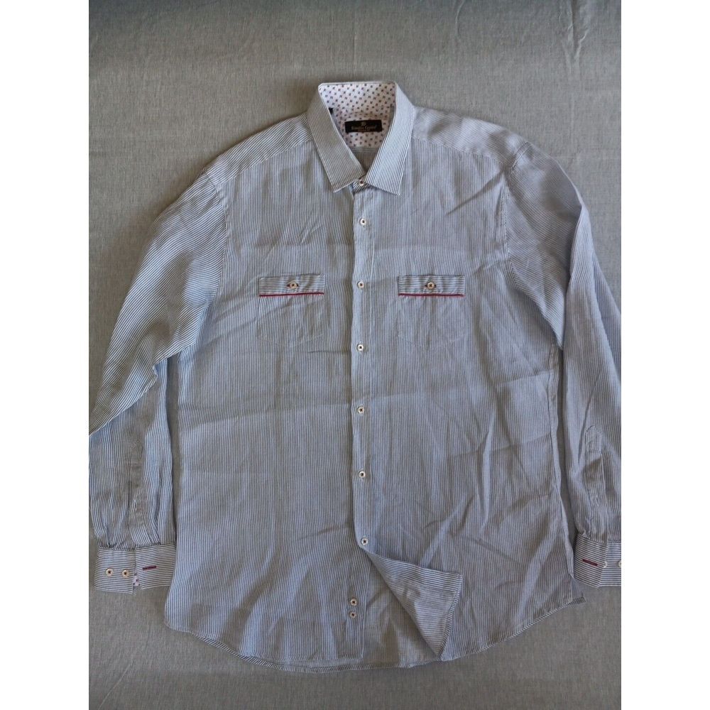 Emilio Guido Men's 17.5 Regular Fit Long Sleeved Button Pure Linen Stripes Shirt